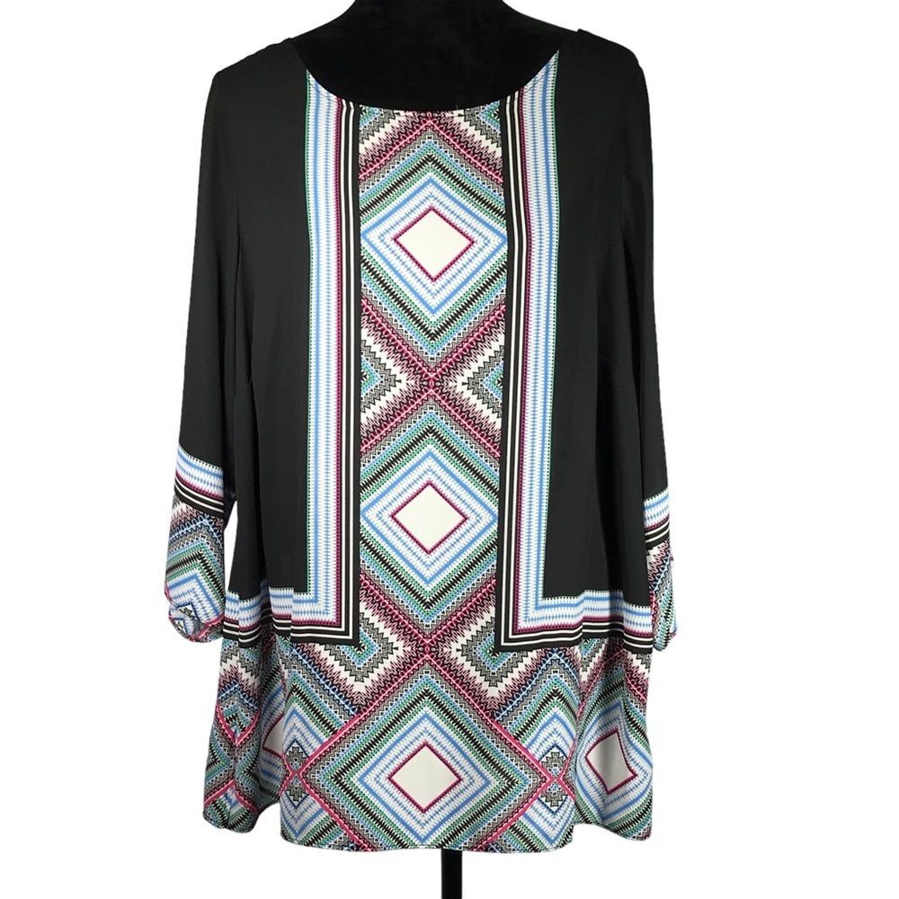 Rose & Olive Chiffon Top Black Blue Geometric Print Shirt Lightweight Blouse